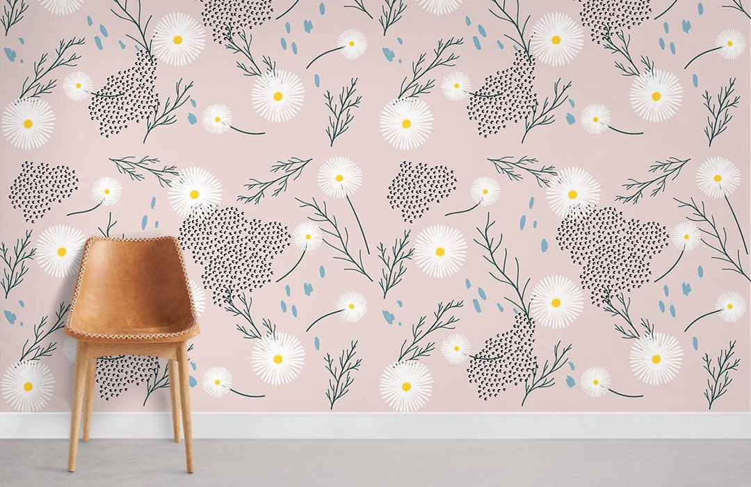 Botanical Bliss pastel floral wallpaper, nature-inspired, with tan chair, grey flooring in modern room.