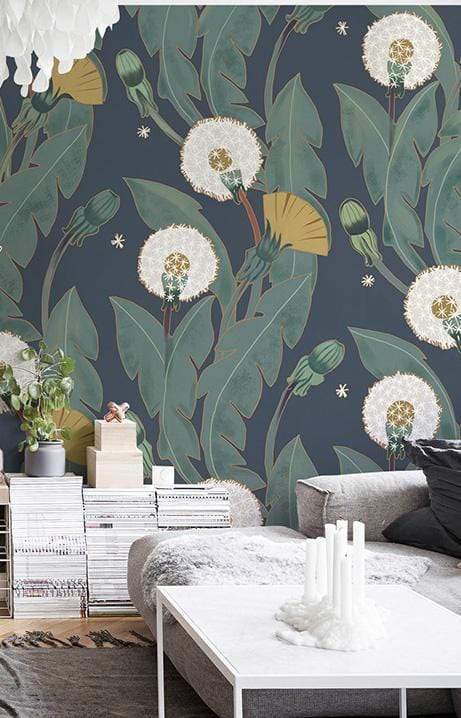 Vintage Botanical Dandelion Dark Green Floral Wallpaper in living room with grey sofa and white table.
