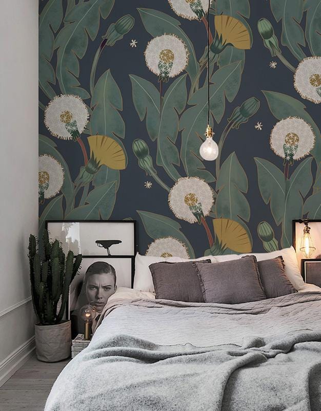 Vintage Botanical Dandelion wallpaper in bedroom with grey bedding, pendant light, and cactus decor.