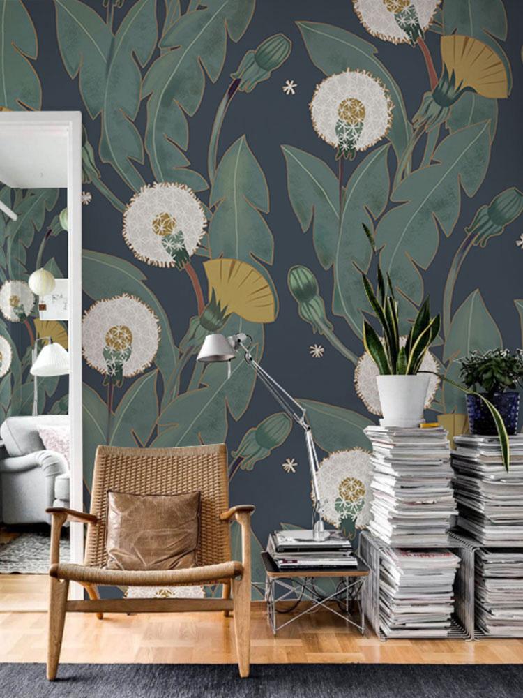 Vintage Botanical Dandelion Wallpaper in living room with woven armchair, modern lamp, and hardwood floor.