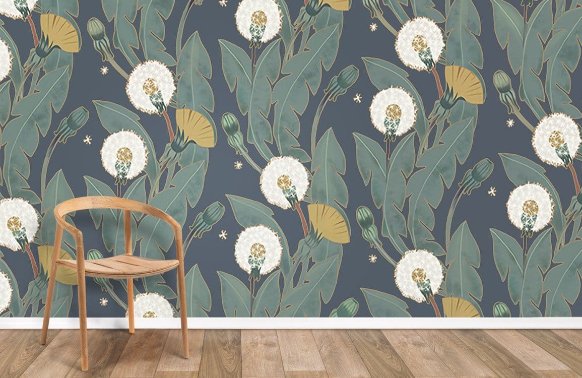 Vintage Botanical Dandelion dark green floral wallpaper with wooden chair and rustic wood flooring.