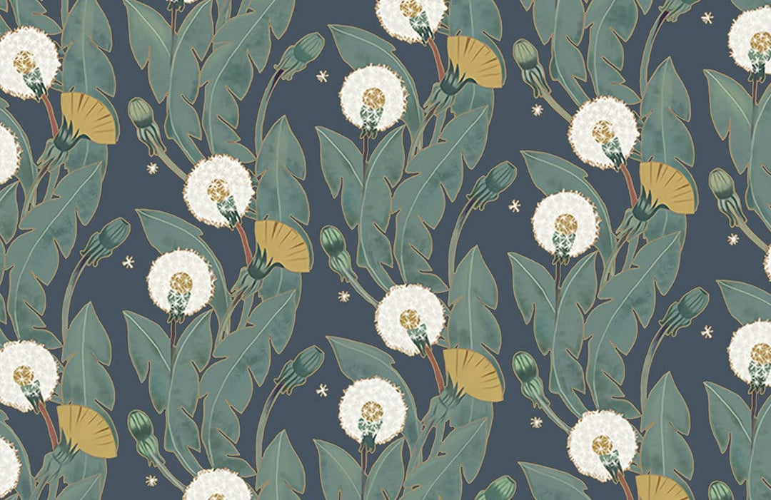 Vintage Botanical Dandelion Dark Green Floral Pattern Wallpaper Mural Design