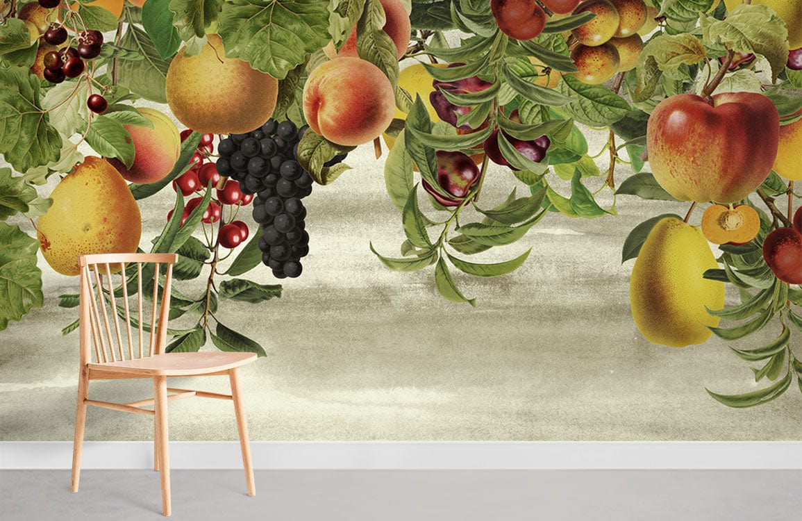 Vintage Orchard Fruit Mural Wallpaper with rustic charm, wooden chair, neutral floor, in living room setting.