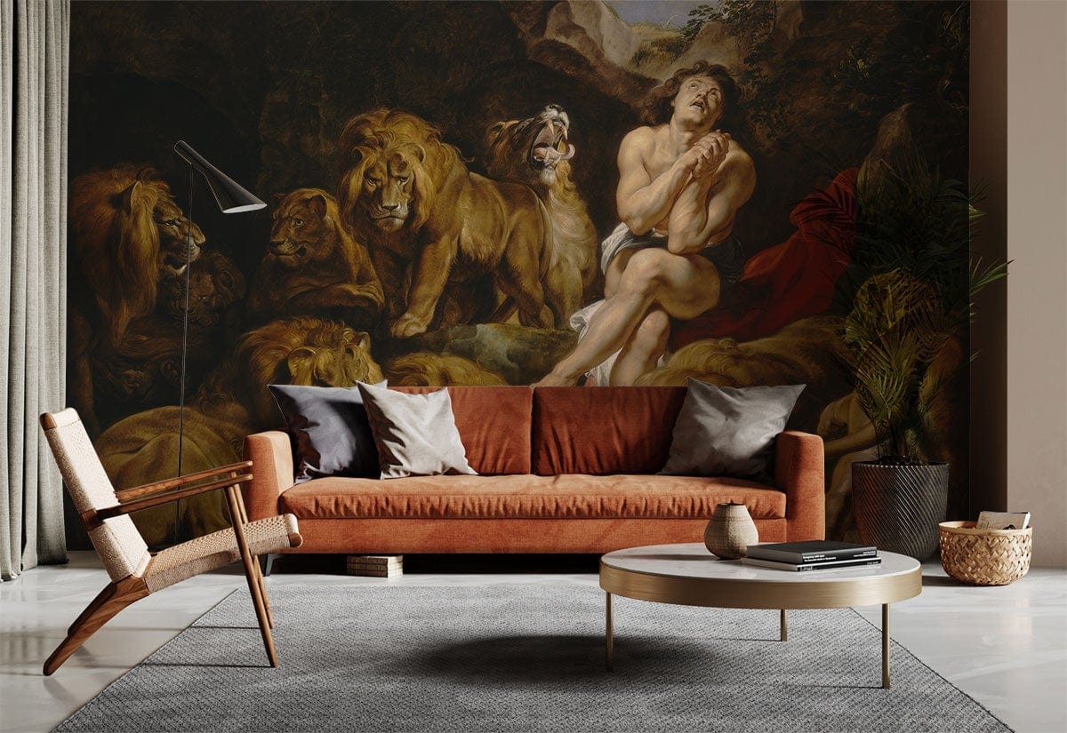 Classic Baroque wallpaper featuring lions; brown sofa, wooden chair, round table, stylish lounge room.
