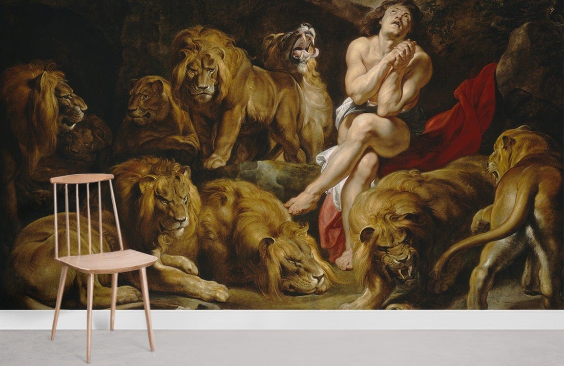 Classic Baroque Art Lions Mural Wallpaper in earth tones, wooden chair on light flooring, living room.