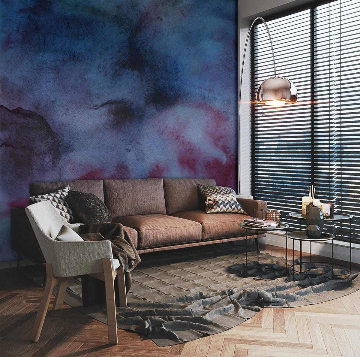 Abstract watercolour dreamscape mural wallpaper with moody hues, complemented by brown sofa, wood flooring.