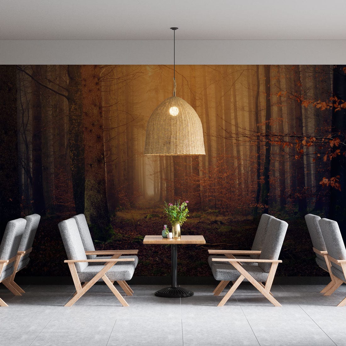 Enchanted Autumn Forest Wallpaper in dining room with grey chairs, pendant light, wooden table, tiled flooring.