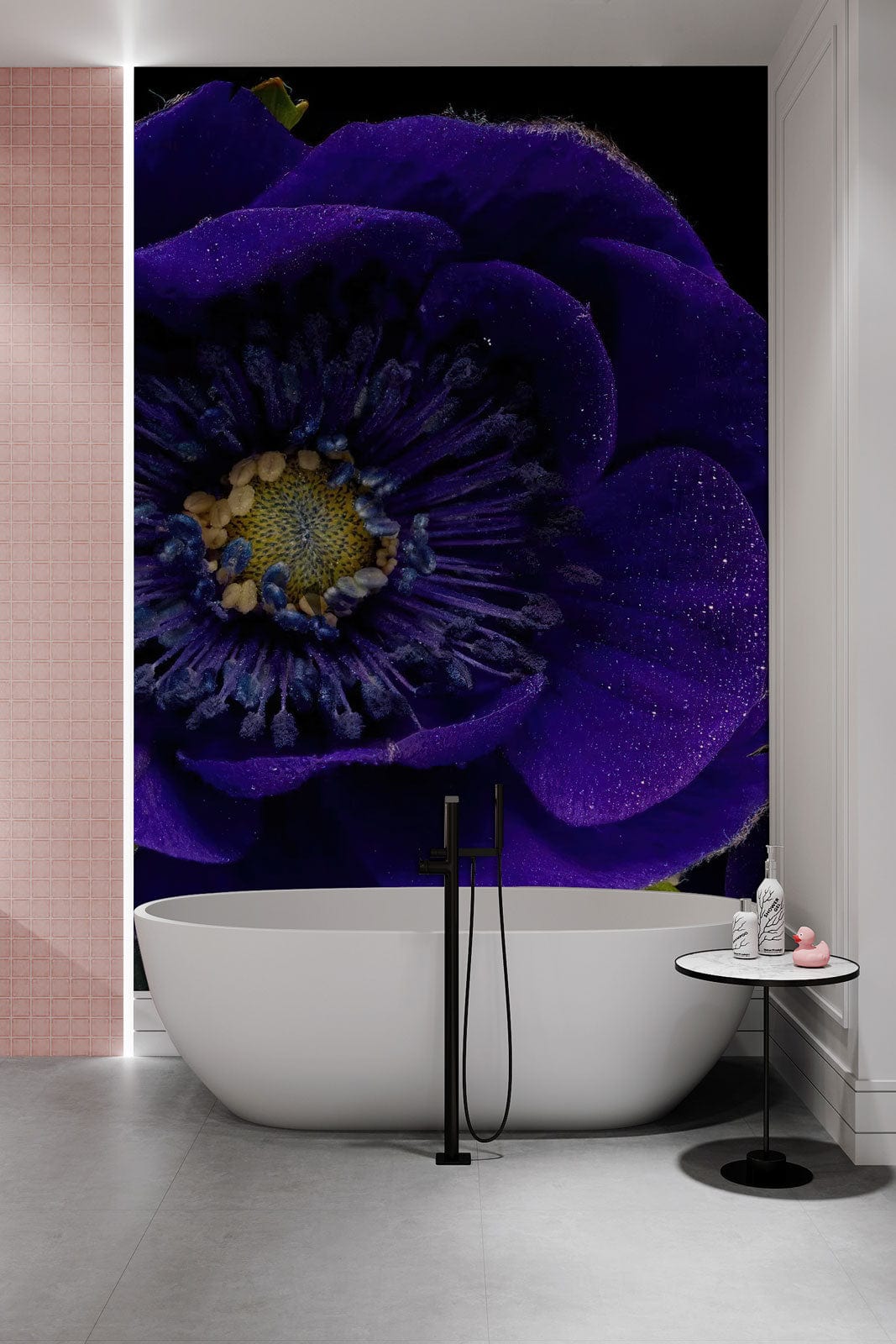 Midnight Blue Botanical Blooms Mural Wallpaper with white bathtub, modern bathroom decor, and grey flooring.