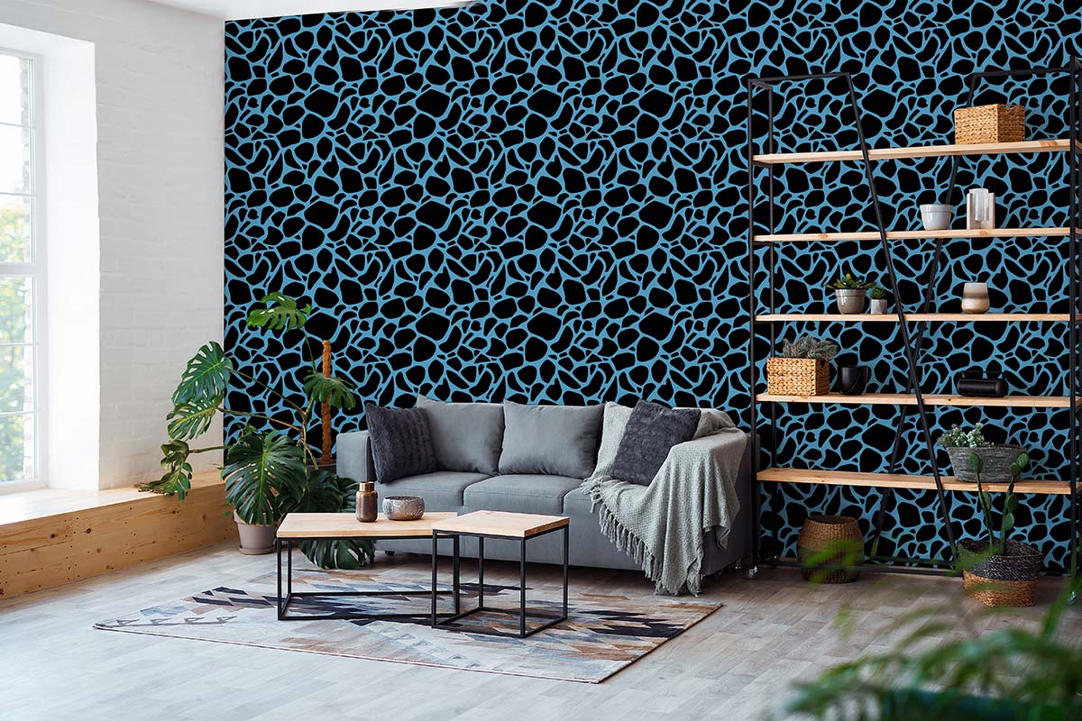 Elegant blue pebble wallpaper, modern grey sofa, industrial shelves, stylish living room design, wooden flooring.