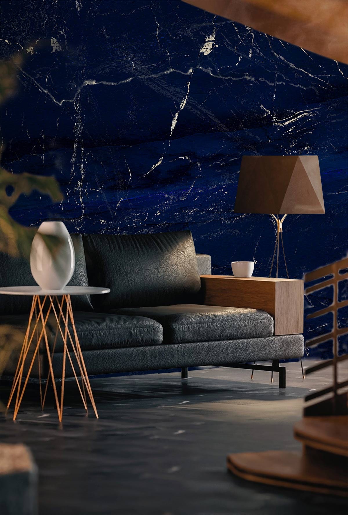 Midnight blue marble wall mural, black sofa, modern lamp, wooden flooring, elegant living room design.