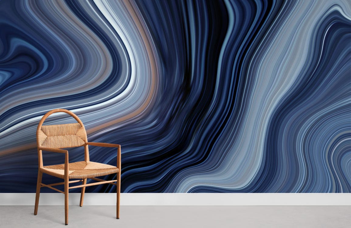 Elegant blue marble swirl mural wallpaper with wooden chair, grey flooring, abstract contemporary design.