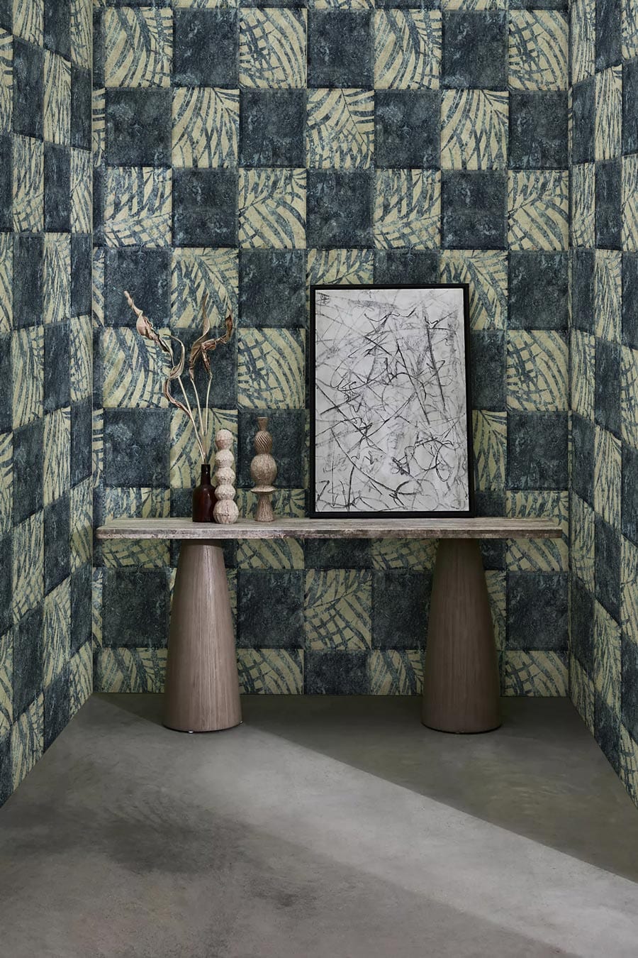 Blue and White Geometric Leaf Pattern Wallpaper, modern interior, concrete flooring, elegant table, frame.