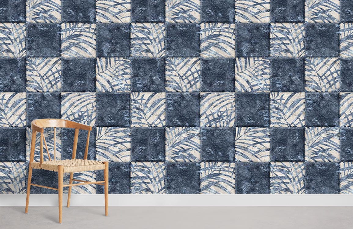 Blue and white geometric leaf pattern wallpaper with wooden chair, modern interior decor style.
