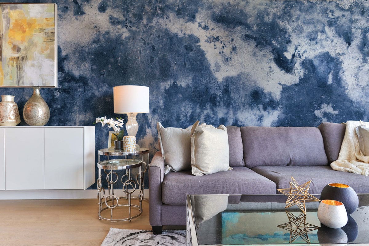 Indigo watercolour abstract mural wallpaper with modern sofa, glass table, stylish art, elegant vase decor.