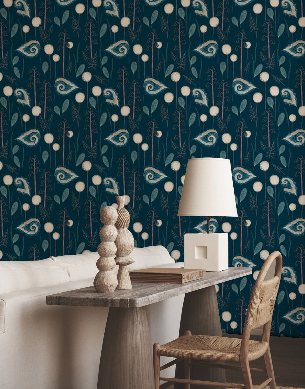 Elegant Botanical Midnight Blue Floral Wallpaper in stylish interior with beige sofa, wooden table, chair.