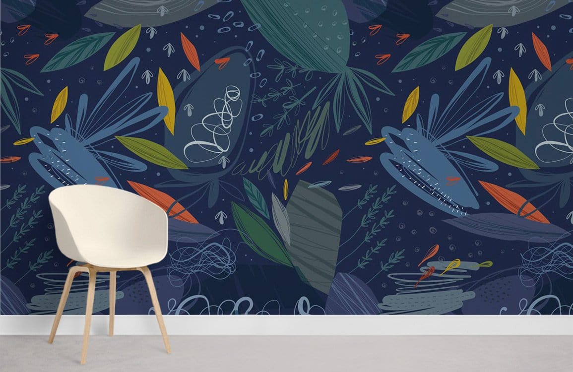 Midnight Botanical Dreamscape wallpaper, deep blue botanical design, modern room, white chair, grey flooring.