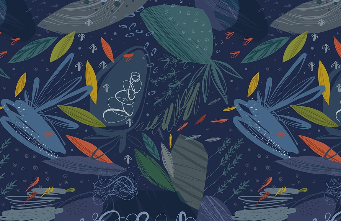 Midnight Botanical Dreamscape: Vibrant Abstract Nature Wallpaper in Deep Blue Tones
