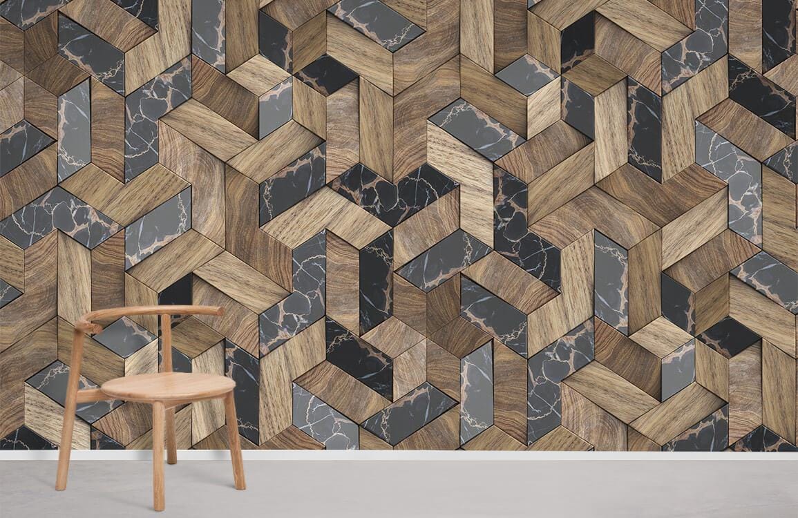 Geometric marble wood effect wallpaper, modern rustic 3D, natural wooden chair, grey flooring.