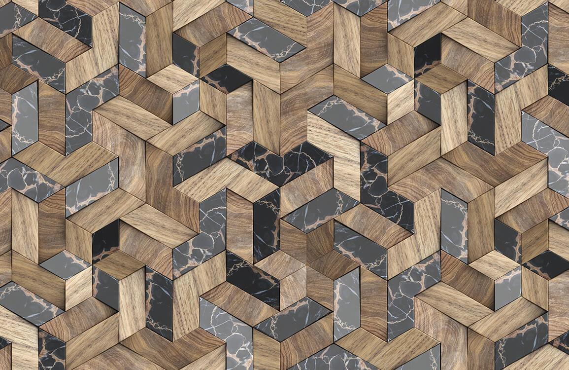 Geometric Marble and Wood Effect Wallpaper - Modern Rustic 3D Design