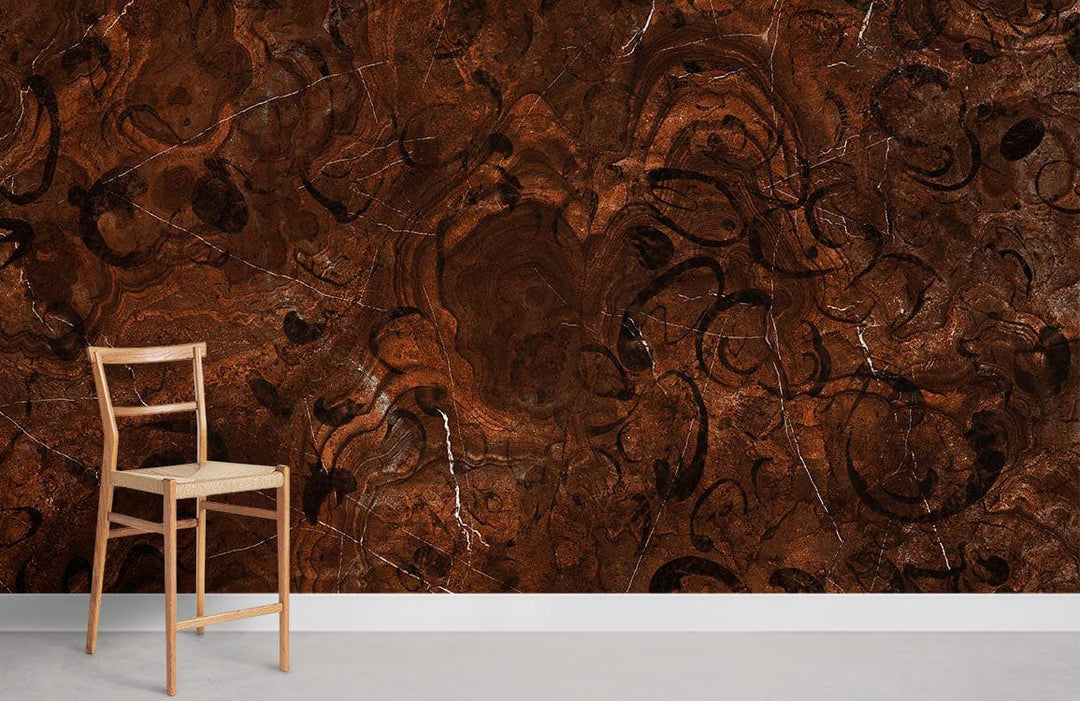 Luxurious dark marble swirl wallpaper, elegant interior design, wooden chair, light grey flooring.