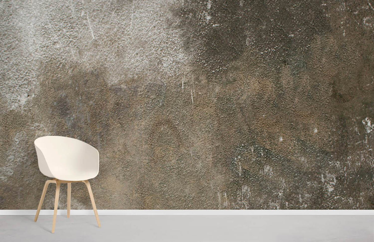 Rustic earthy toned textured mural with white modern chair, grey flooring, ideal for contemporary interiors.