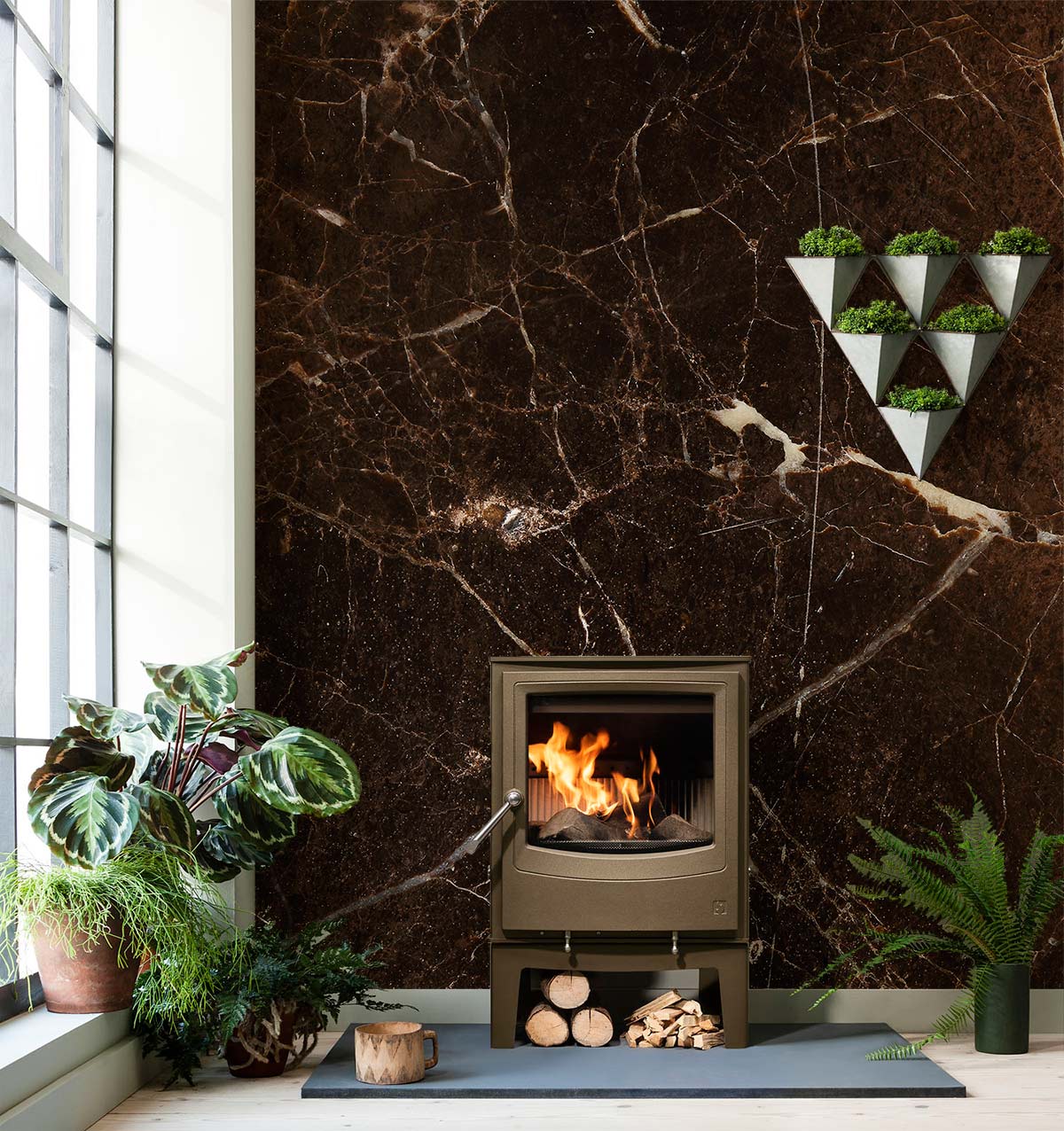Luxe Brown Marble Wallpaper with Vein Design, fireplace, potted plants, and modern decor in living area.