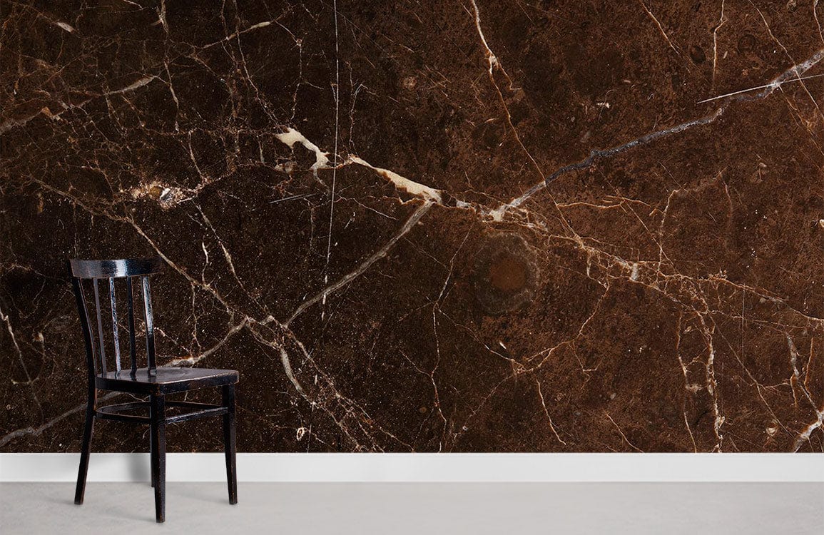 Luxe Brown Marble Effect Wallpaper with chair; concrete floor; sophisticated veined design adds elegance.