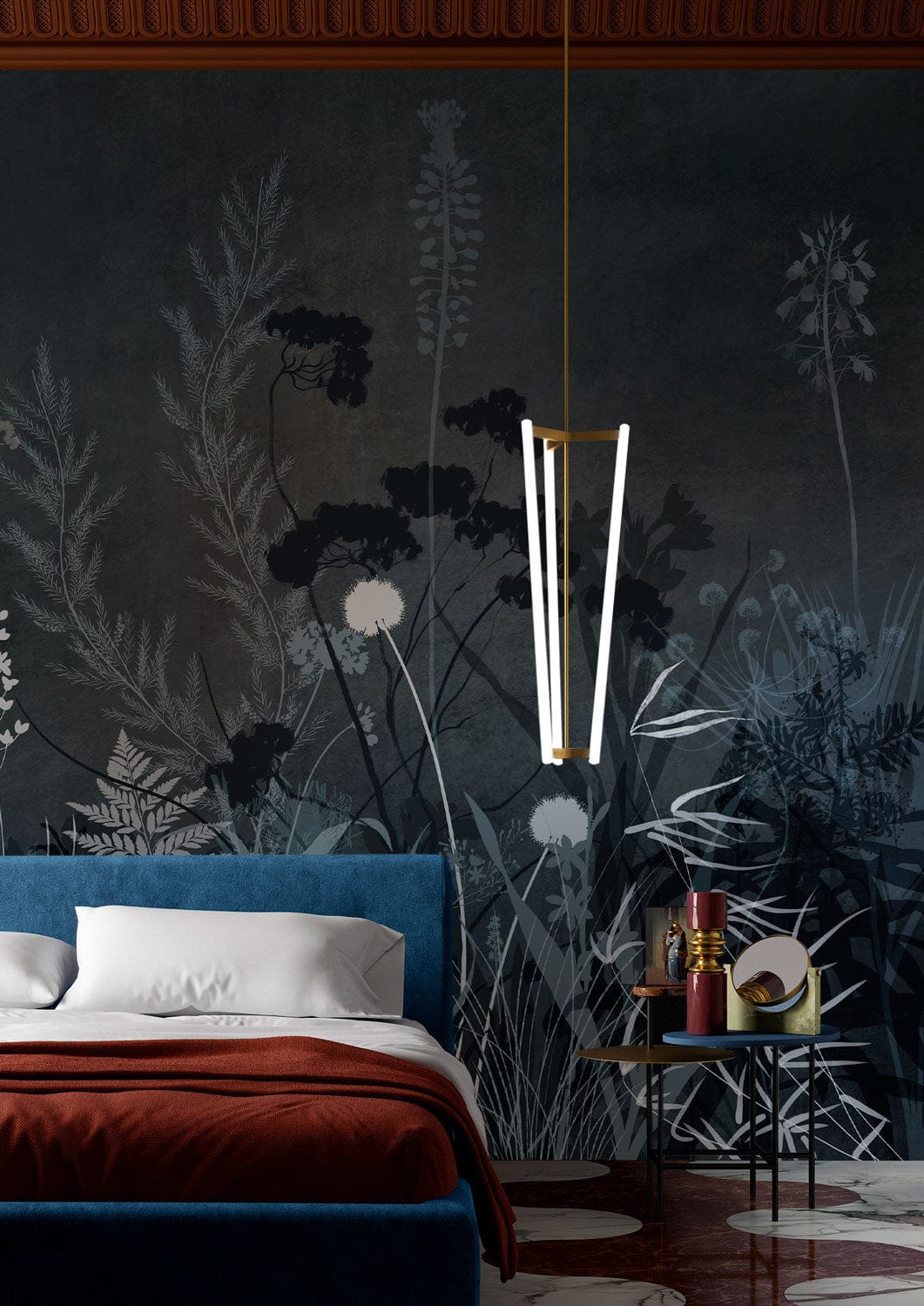 Midnight Botanical Elegance: Dark floral mural with blue velvet bed, modern pendant in stylish bedroom.