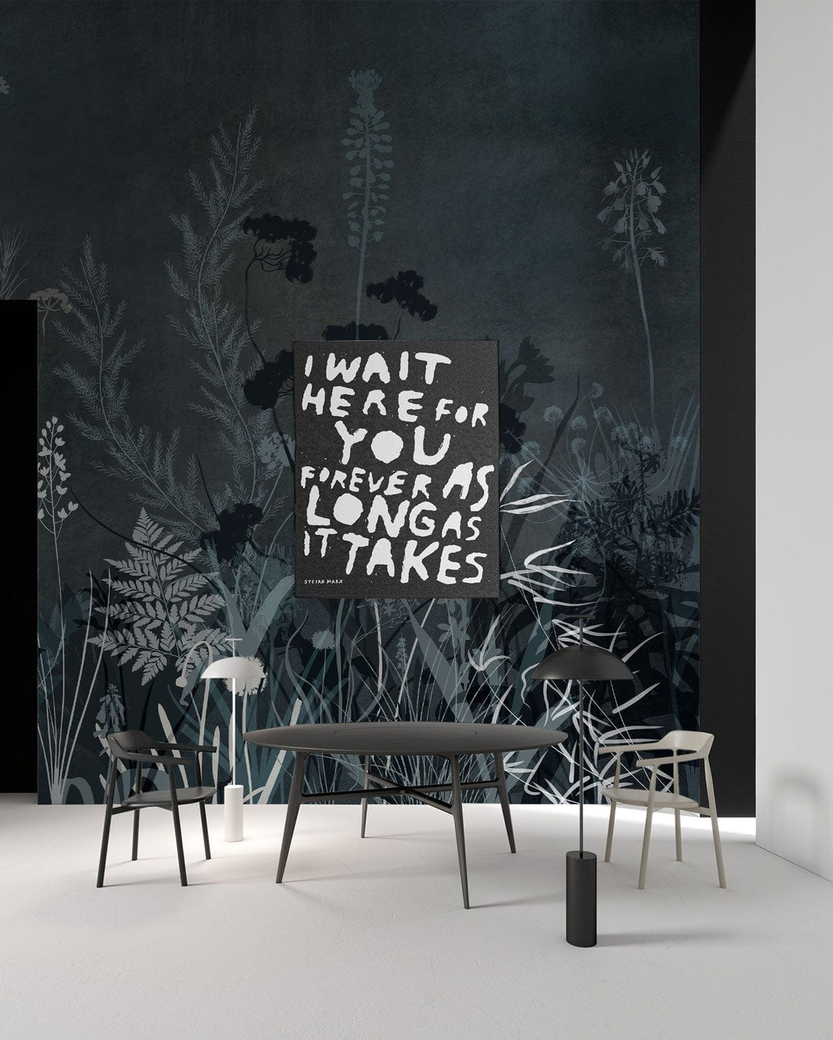 Midnight Botanical Elegance mural wallpaper with dark floral pattern, black dining table, modern chairs.