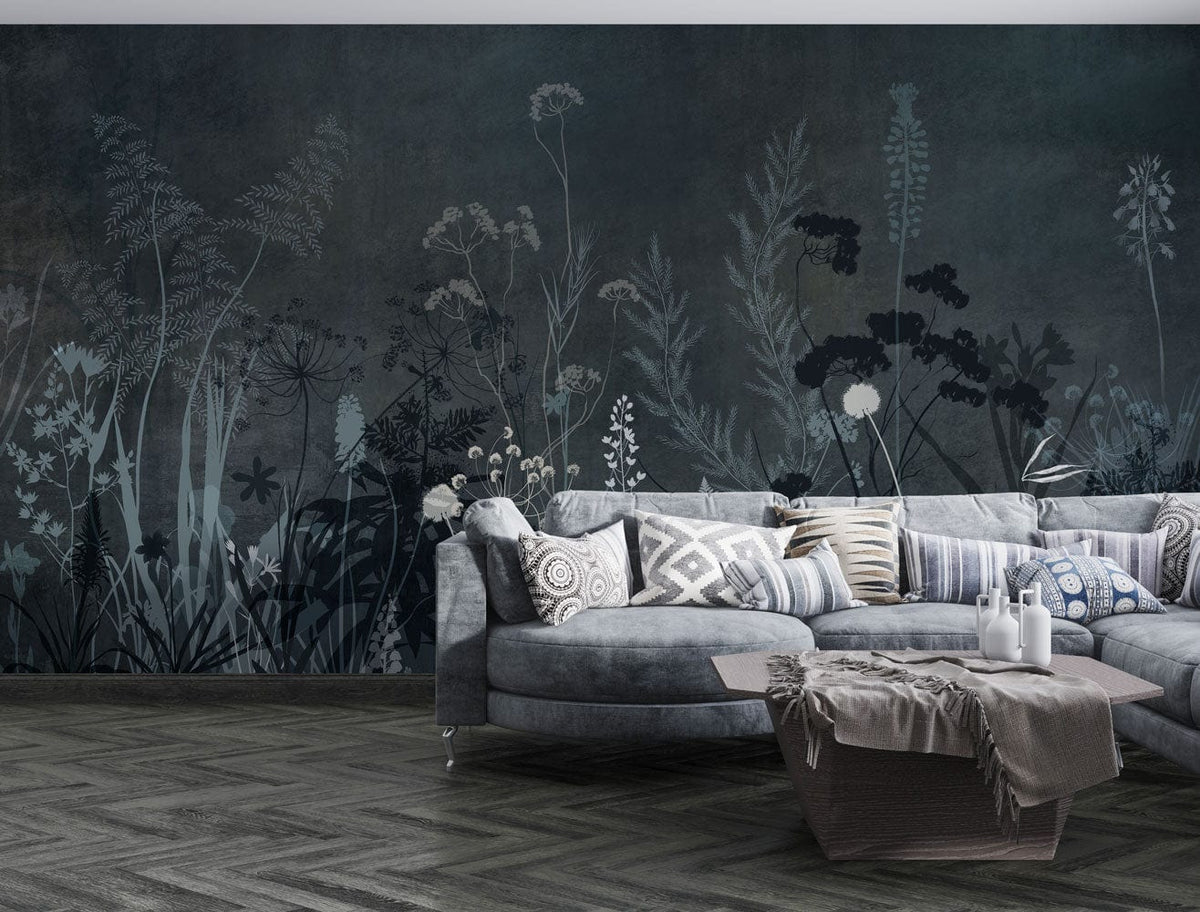 Midnight Botanical Elegance mural, grey floral wallpaper, modern sectional sofa, herringbone floor, living room.