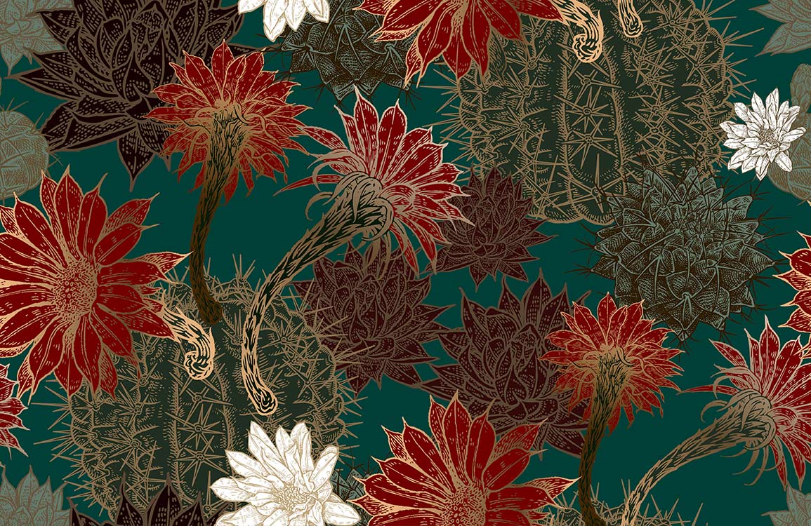 Exotic Botanical Cactus Floral Green and Red Mural Wallpaper Design