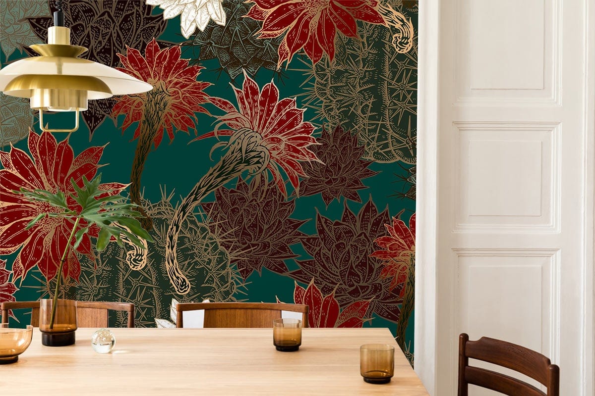 Exotic Botanical Cactus Mural Wallpaper with wooden dining table, chairs, and gold pendant light.