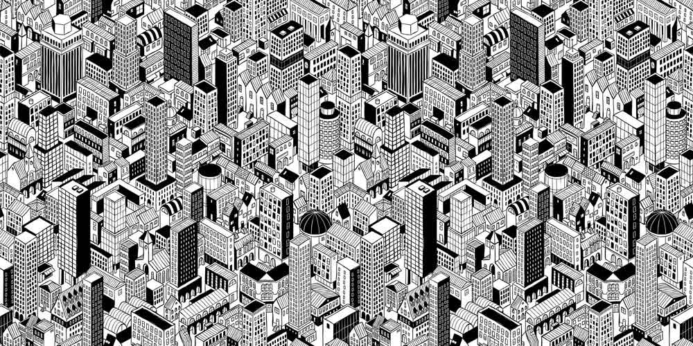Monochrome Urban Cityscape Geometric Pattern Wallpaper - Contemporary Black and White Design