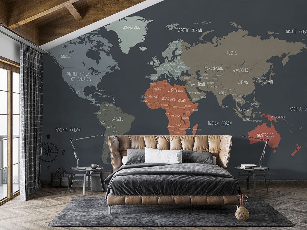 Vintage World Map Mural, grey bedroom, tufted bed, rustic wooden flooring, modern interior decor.