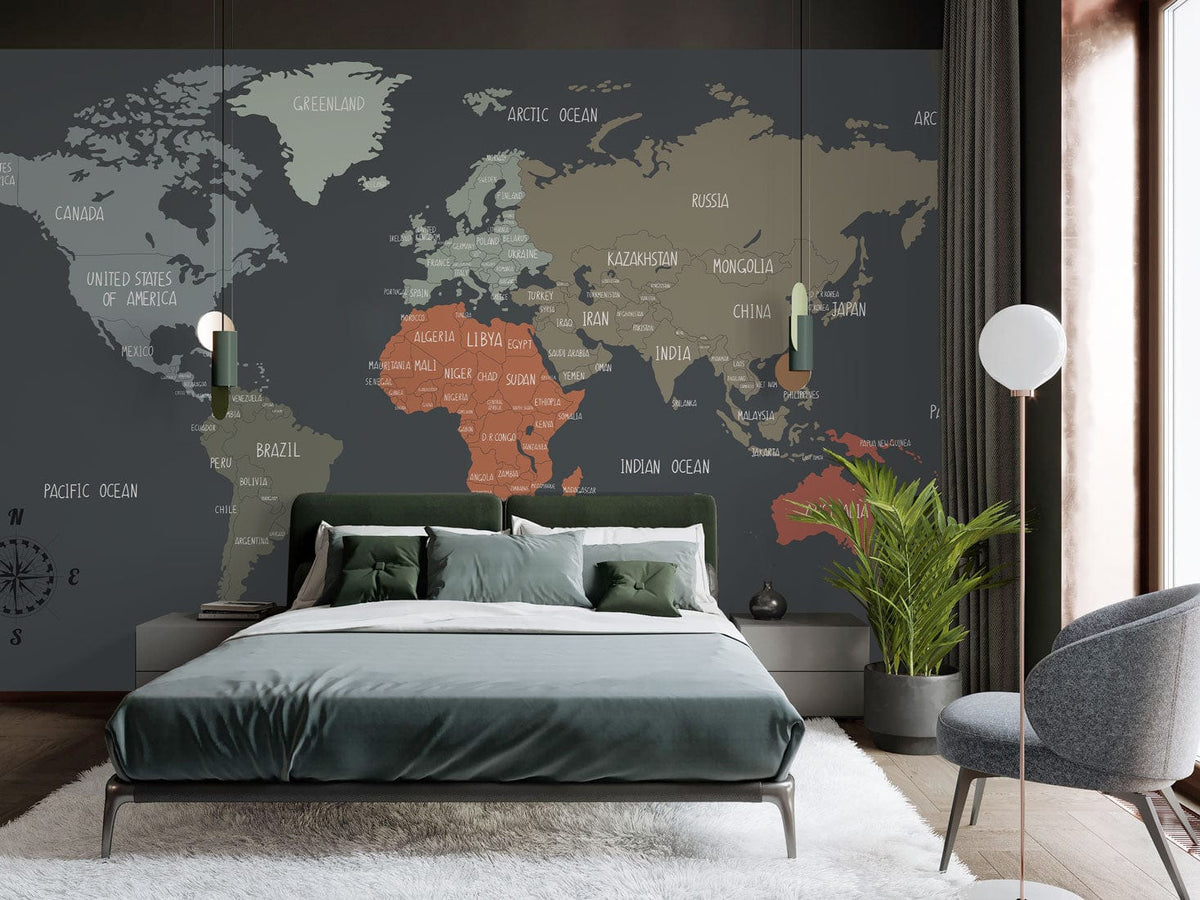 Vintage World Map mural wallpaper; modern bedroom, grey walls, green bed, modern decor, wood flooring.