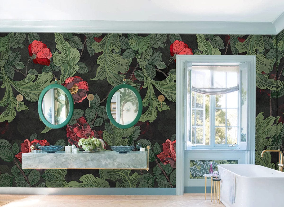 Vintage botanical floral wallpaper with lush greenery in bathroom featuring marble sink, twin mirrors, bathtub.
