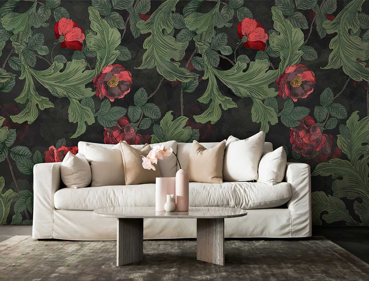 Vintage botanical floral wallpaper, lush greenery, red blooms, beige sofa, contemporary table, elegant rug.