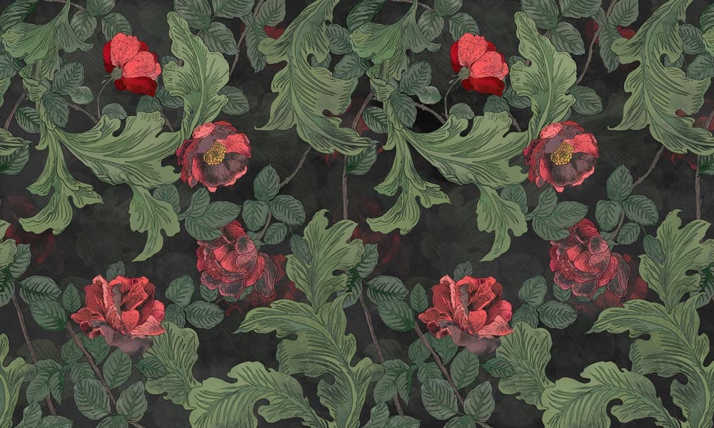 Vintage Botanical Floral Wallpaper with Lush Greenery and Red Blooms Design