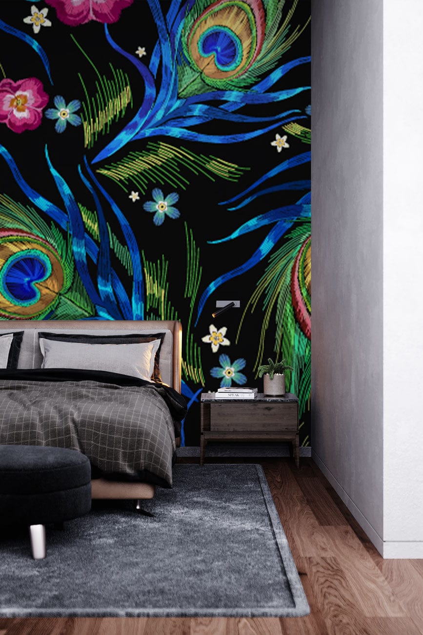 Vibrant peacock feather floral wallpaper in modern bedroom with grey rug and wooden floor.