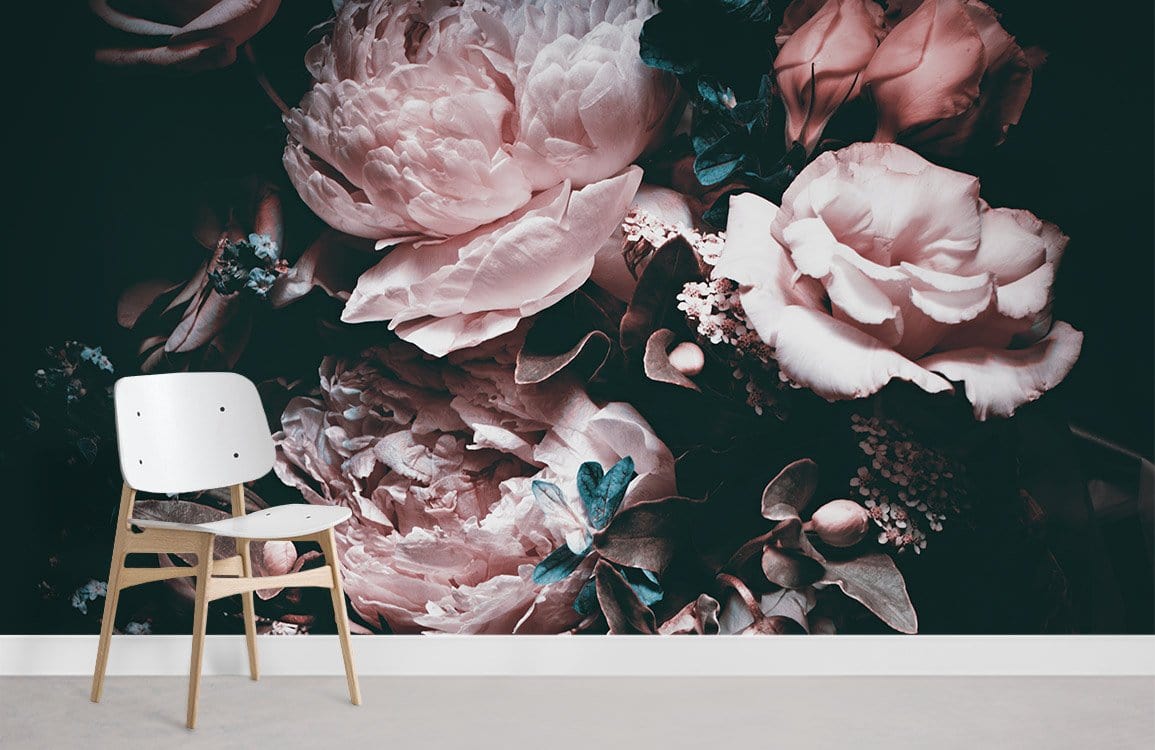 Vintage Floral Elegance Dark Rose Peony Mural Wallpaper, white chair, minimalist interior, light flooring.