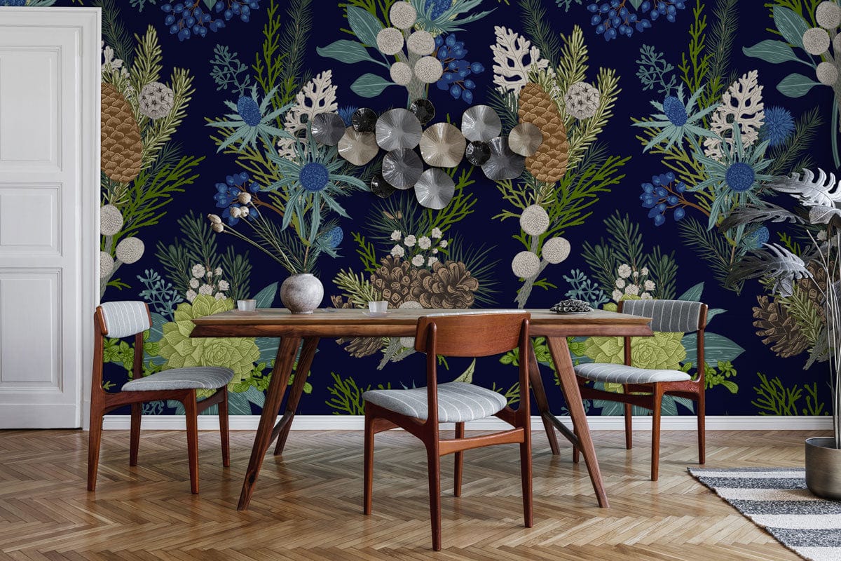 Dining room with pinecone foliage wallpaper, mid-century table, chairs, parquet flooring, metallic wall art.