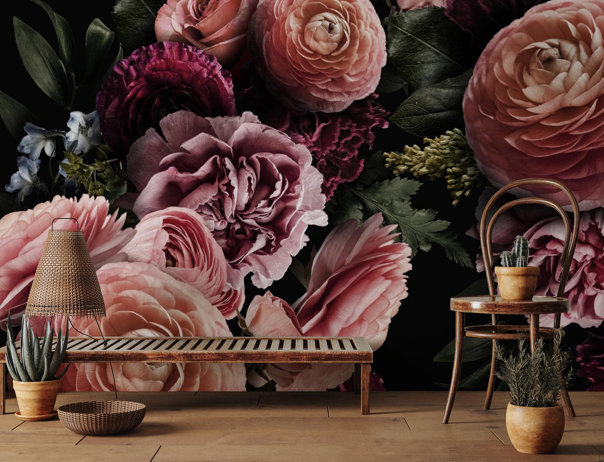 Luxury dark floral wallpaper with pink, purple blooms; wooden bench, chair; natural wood flooring.