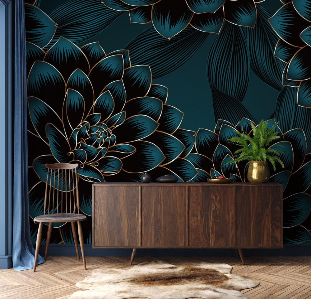 Luxurious botanical wallpaper mural, dark floral design; retro wooden sideboard, elegant chevron flooring, chair.