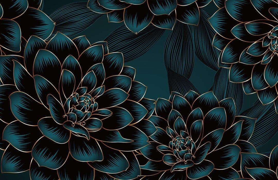 Emerald Black Floral Elegance: Luxurious Botanical Pattern Wallpaper Mural