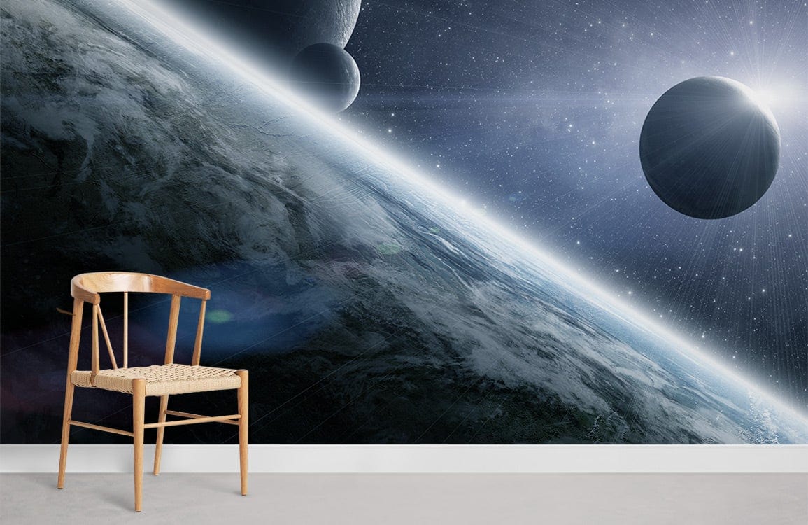 Chair alongside Galactic Adventure Space Mural Wallpaper in cosmic blue design, light carpet flooring.