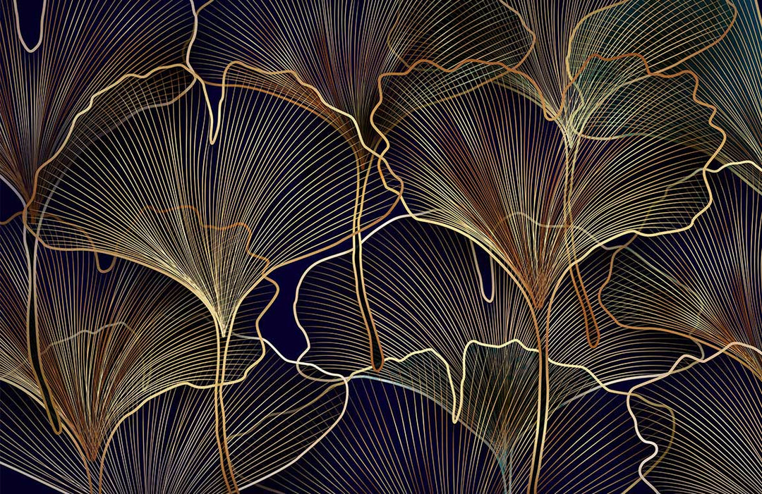 Elegant Gold and Navy Botanical Leaf Pattern Wallpaper for Sophisticated Interiors