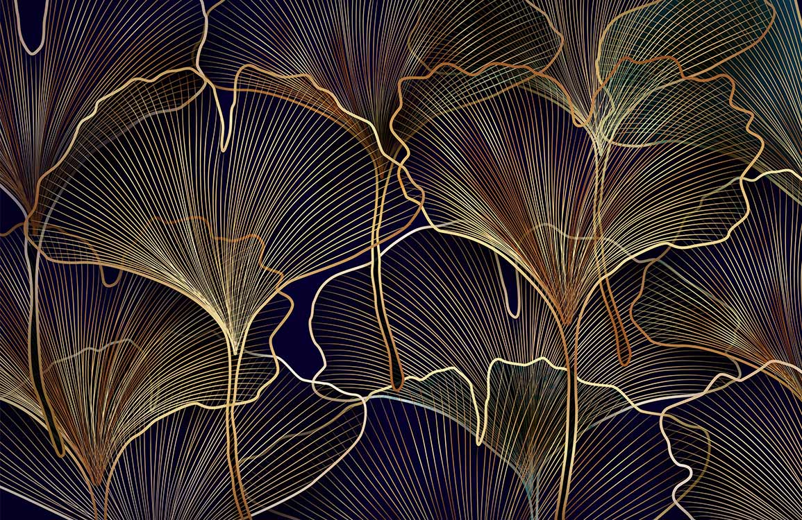 Elegant Gold and Navy Botanical Leaf Pattern Wallpaper for Sophisticated Interiors