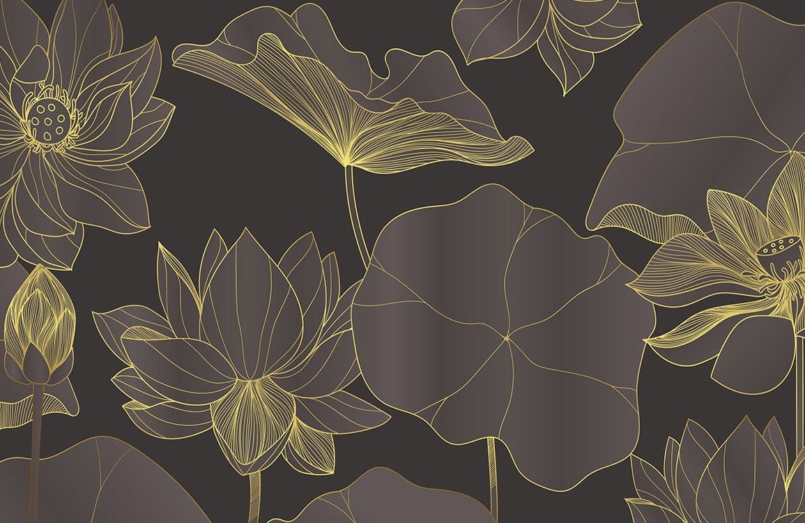 Elegant Botanical Lotus Design Dark Gold Metallic Wallpaper for Contemporary Interiors