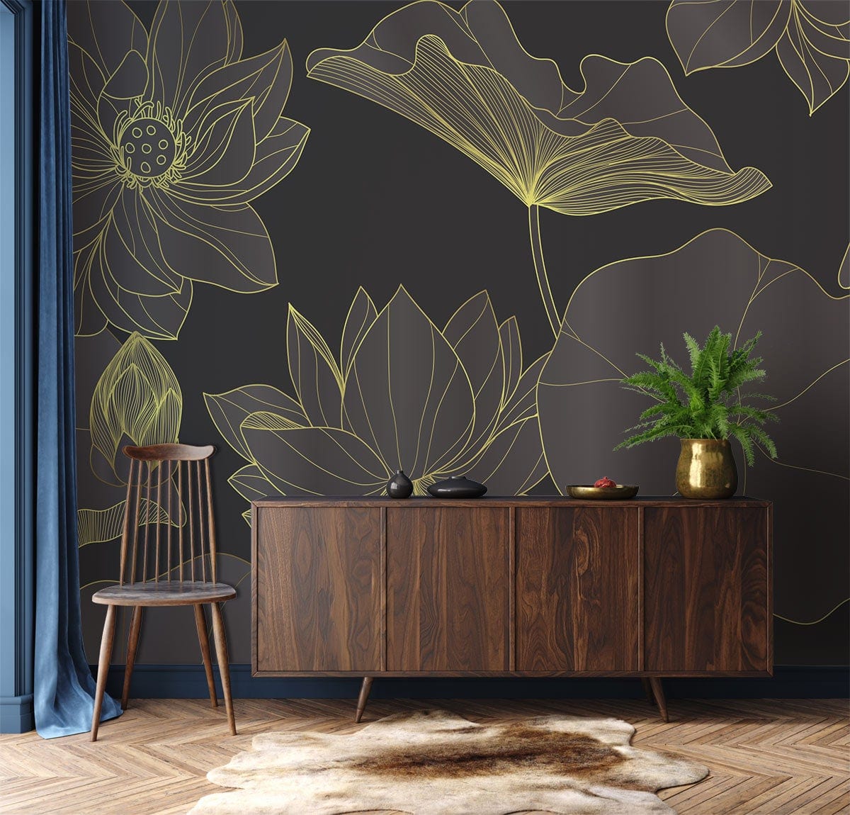 Elegant Lotus Dark Gold Wallpaper in living room with wooden console, chair, parquet flooring.