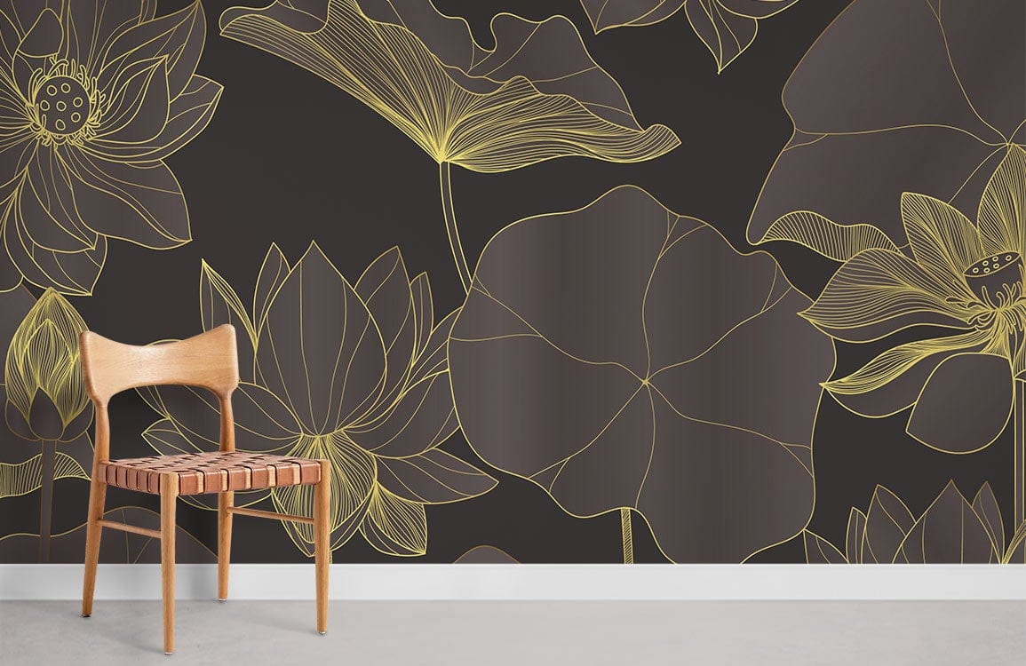 Elegant Botanical Lotus Wallpaper in Dark Gold, modern chair, grey flooring, contemporary interior design.